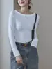 Camiseta Base de Manga Larga Blanca Modal Hombros Descubiertos Otoño/Invierno Estilo Simple Ajustada para Mujer