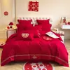 Conjunto de quatro peças de casamento vermelho vivo de alta qualidade com bordado de dragão e fênix chineses, colcha de algodão para casa nova, roupa de cama de casamento 100% algodão