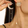 Set de Collar y Pendientes Retro Europeo y Americano de Sol, Luna y Estrella, Cadena de Clavícula de Lujo de Nicho con Borla de Pedrería de Alta Resistencia