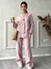Conjunto de dos piezas para mujer transfronterizo, cuello redondo, un solo botón, top holgado de manga corta + pantalones de pierna ancha de cintura alta, conjunto casual holgado