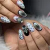 Unhas Postiças Formato Amêndoa Polka Dot Preto e Branco Gradiente Padrão Crocodilo Floral Dourado Decoração com Contas de Aço Adesivos de Unhas Postiças