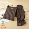 Conjunto de ropa interior térmica a rayas para hombre y mujer de otoño e invierno, cuello redondo, forro polar de doble cara, tops y pantalones de otoño para hombre y mujer, venta al por mayor de fabricante