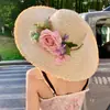 Nuevo Sombrero de Paja Francés Rosa de Ala Ancha para Mujer Vacaciones de Verano en la Costa Sombrero Tejido Sombrilla de Ala Ancha