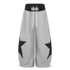 Pantalones de Chándal con Bordado de Parche de Pentagrama y Dobladillo Curvo para Hombre, Diseño de Moda Urbana, Pantalones Anchos de Pierna Ancha de Corte Amplio, Bloques de Color