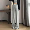 Calça de Malha Wide Leg Feminina 2026 Outono Novo Cintura Alta Drapeada Slim Reto Comprimento Total Casual Esportiva Cinza