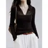 Camisa base de malha com retalhos de renda e decote V para mulheres, outono estilo coreano, gola polo, suéter de alta qualidade slim-fit para usar por baixo