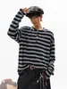Camiseta de manga longa patchwork listrada estilo miu com botões de chifre, unissex, suéter casual tendência de outono com caimento solto, top simples