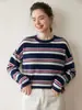 Tricô de Caxemira Colorido com Listras e Gola Redonda Novo para Outono e Inverno para Mulheres, Tricô Fashionável e Casual para Camadas Internas, Tricô Soltinho Estilo Coreano