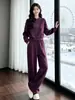 Conjunto Deportivo Casual Morado para Mujer Otoño Holgado Adelgazante Sudadera con Cuello Alto Pantalones de Pierna Ancha Conjunto Sencillo de Dos Piezas Estilo Coreano