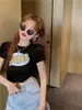 Camiseta de Manga Corta con Cuello Redondo Estilo Hong Kong para Mujer 2024 Verano Cintura Alta Todo Fósforo Ajustada Estampada Ombligo Abierto Popular Cyber Top Corto