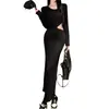 Vestido Negro Sexy de Estilo Francés para Mujer, de Manga Larga, Hueco en la Cintura, Revelador de Cintura, Asimétrico, Ajustado, Bodycon, para Primavera y Otoño