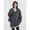 Nueva colección de invierno estilo coreano: cuello simple, borde de encaje, suéter de punto patchwork, talla grande, longitud media, blanco, talla única