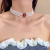 Colar Gargantilha Choker Retro Francês Transfronteiriço Europeu e Americano com Contas Pérola de Imitação Strass Quadrado Moda Colar Joia para Mulheres