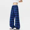 Calça casual xadrez patchwork retrô estilo de rua americano para homens e mulheres, calça xadrez afunilada e drapeada para primavera e verão