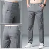 Pantalones casuales de seda de hielo de alta gama para hombre de Hong Kong, pantalones versátiles de pierna recta, pantalones de verano finos elásticos ajustados a la moda para hombre