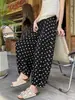 Calça cropped de linho com bolinhas de seda gelada para mulheres, verão, caimento solto, tamanho petite, cobre o quadril, perna larga estilo lanterna, faz as figuras petite parecerem mais altas