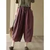 Calças Casuais de Algodão e Linho para Mulheres, Verão Cintura Elástica Cordão Harem Soltas, Calças Lanterna Vintage Patchwork Fluidas para Mulheres