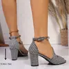 Sandalias de tacón alto de boca de pez para comercio exterior, verano transfronterizo 2024, para mujeres petite, estilo europeo y americano, punta abierta, estampado de pata de gallo, sandalias romanas metálicas, talla 44