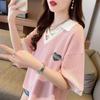 Camiseta Patchwork Waffle de Design Exclusivo com Manga Curta para Mulheres, Novo Estilo Verão 2026, Moda Plus Size com Gola Polo
