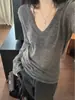 Suéter gris relajado de manga larga para mujer, primavera y otoño, estilo old money, casual, holgado, agradable para la piel, transpirable, camiseta de punto sin botones