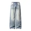 Calça jeans americana retrô lavada para homens, perna larga solta, desgastada, puída, calça reta casual