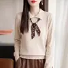 2026 Novo Tricô com Laço na Gola Feminino Elegante Suéter Outono Inverno Camada Base Lenço de Seda Blusa Solta Tendência