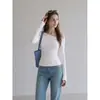 Camiseta azul marino sin hombros de manga larga para mujer, diseño de nicho de otoño, adecuada como top de capa base