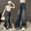 Pantalones Vaqueros para Niñas Primavera y Otoño 2025 Nuevos Elegantes Rectos de Pierna Ancha para Niños Mayores Pantalones de Atuendo de Otoño