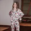 [Leopardo] Pijama de Primavera y Otoño 2025 para Mujer de Seda Helada Seda Fina Manga Larga Solapa Ropa de Casa Talla Grande Conjunto de Dos Piezas