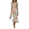 Ropa de mujer transfronteriza europea y americana 2026: Vestido largo sexy sin hombros de manga corta, vestido casual estampado para ceñir la cintura y estilizar, para uso diario