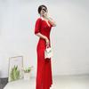 Ropa de Mujer Transfronteriza Primavera y Verano Nuevo Estilo Falda Elegante Francesa con Cuello en V Calado Vestido Tejido Femenino Ajustado Falda Larga