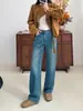 Jeans de Pierna Ancha Bordados de Bolsillo Trasero No Elásticos Otoño 2026 Cintura Alta Corte Adelgazante para Mujeres Menudas Azul Vintage
