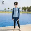 Fato de Banho Infantil 2025 Novo Estilo Menino Bebê Dividido Protetor Solar Longo Conservador Três Peças Termas Praia Fato de Banho