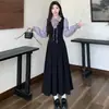 Vestido Polo elegante de duas peças em estilo francês, com blocos de cor tie-dye emendados, para mulheres, vestido longo de corte A de alta qualidade para primavera e outono