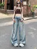 Jeans de mezclilla estampados retro estilo americano con cinturón para mujer, nuevos de verano finos de cintura alta adelgazantes rectos de pierna ancha