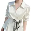 Camisa Cachecol de Seda Feminina Retrô de Alta Qualidade Cinturada Verão Estilo Coreano Design Francês Elegante Chique Top