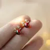 Brincos Fofos de Veado com Pino de Prata 925, Granadas Vermelhas Estilo Japonês e Coreano, Brincos Simples de Natal para Mulheres