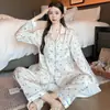 Pijama feminino de manga longa com estampa floral estilo doce francês para uso doméstico, terno com babados para primavera e outono, atacado