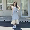 Vestido Regata Patchwork de Renda Xadrez para Mulheres, Novo Estilo Verão 2025, Fresco, Soltinho, Emagrecedor, Vestido Falso Duas Peças