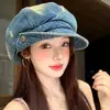 Boina de mezclilla desgastada y rota con ala grande, gorra de pintor tipo boina vintage para mujer que hace que la cara se vea más pequeña