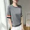 Camiseta de punto de seda helada de verano, cuello redondo, manga corta, bloques de color, estilo coreano, casual, holgada, fina, para mujer