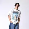 Camiseta Estampada Casual Versátil de Manga Curta com Lavagem e Efeito Desgastado da Equipe Cabeça de Macaco de São Miguel High Street