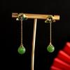 Personalidad Plata Plata S925 Chapado en Oro Incrustado Jade Hetian Simple Moda Aretes de Cuentas Redondas para Mujer Aretes de Personalidad Versátiles