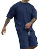 Moda Casual Esportiva de Verão Transfronteiriça Terno Masculino Manga Curta Shorts Confortável Secagem Rápida Cor Sólida Conjunto de Duas Peças