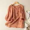 Camisa de algodón y lino de verano con volantes bordados en las mangas, corte holgado, efecto adelgazante, casual, ligera, estilo jersey