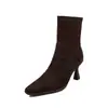 Botines elásticos de gamuza para mujer, botas de ajuste ceñido, nuevo estilo de invierno, diseño coreano, punta cuadrada, cremallera trasera, tacón de aguja, bota individual, bota elástica