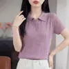 Camiseta de Manga Corta para Mujer Estilo Verano 2026 con Cuello de Solapa y un Botón, Color Sólido, Tejido Fino, Top Elegante y Versátil