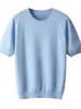 Nueva colección de otoño e invierno: Suéter 100% lana, camiseta de manga corta con cuello redondo para hombre, top de punto pullover, cachemira de color liso de manga corta