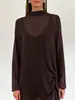 Vestido Sexy Marrom de Cross-Border para Mulheres, Coleção Primavera/Verão 2026, Transparente com Amarração no Pescoço Redondo, Manga Longa, Longo com Fenda e Saia Transparente
