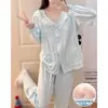 Pijama Estilo Princesa Coreana para Mulheres, Primavera/Outono, com Bojo Embutido, Renda, Manga Longa, Algodão Nuvem, Conjunto para Casa, Pode Ser Usado ao Ar Livre